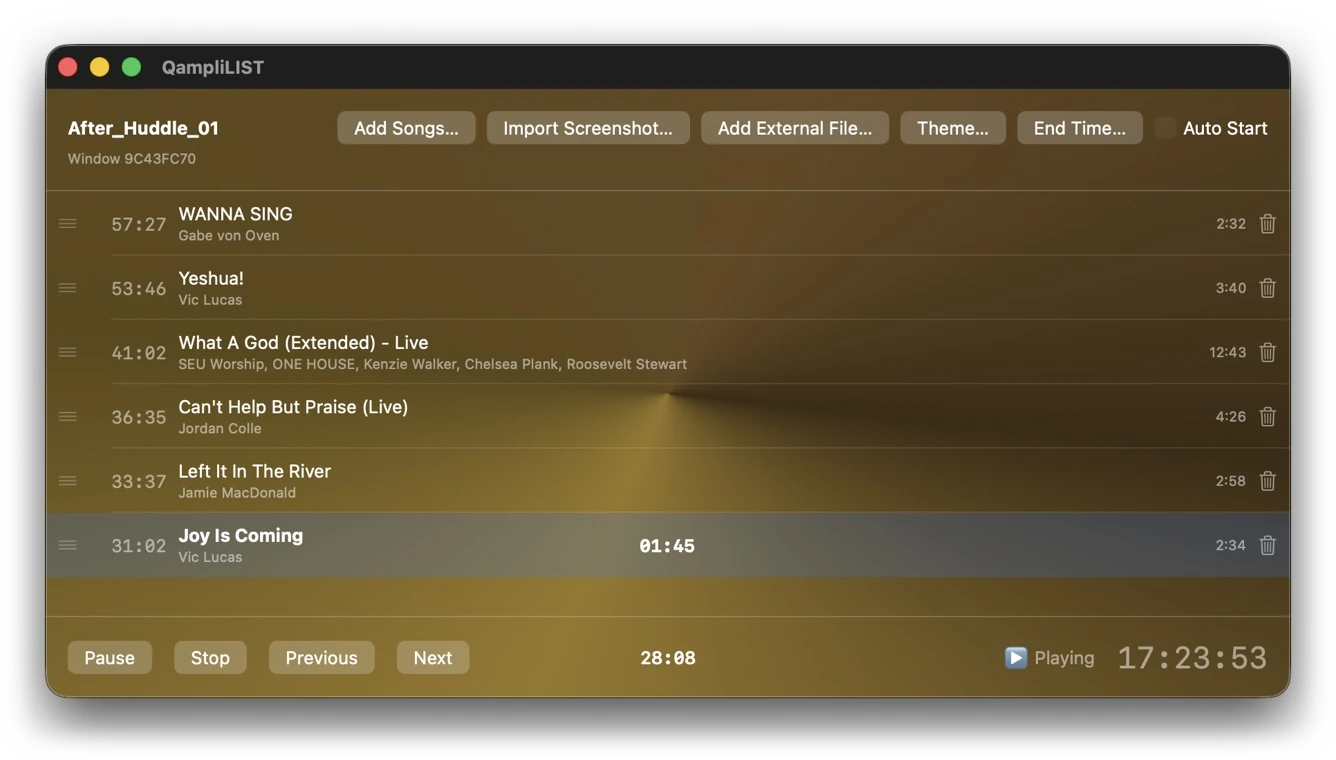 QampliLIST showing a queued playlist with countdown timers to a set end time